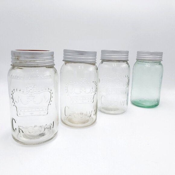 Crown Mason Jars- 4- Glass Lids-Zinc Rings-Vintage- 24 Ounces-1.5 Pints-Canada - Picture 1 of 15